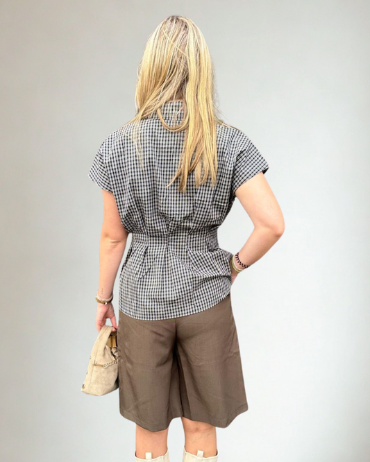 Geruite Blauwe/Beige Blouse Korte Mouwen