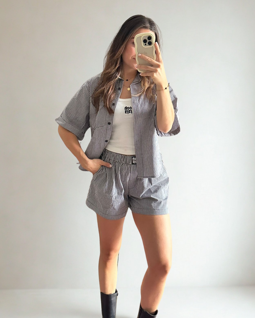Geblokte Short Lou - Zwart/Wit met Zwart logo