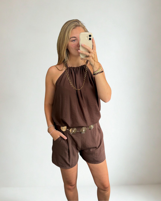 Set met haltertop en short - Bruin
