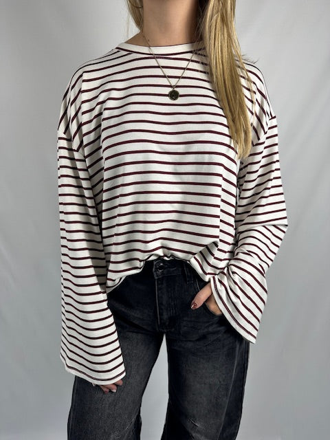 Gestreepte longsleeve - Wit/Bordeaux