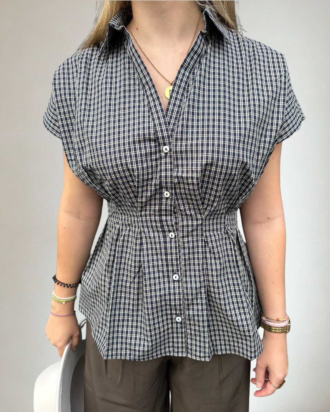Geruite Blauwe/Beige Blouse Korte Mouwen