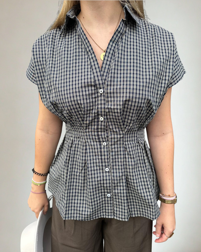 Geruite Blauwe/Beige Blouse Korte Mouwen