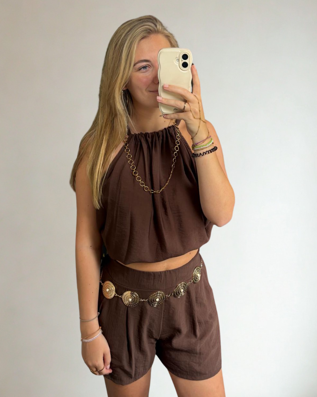 Set met haltertop en short - Bruin