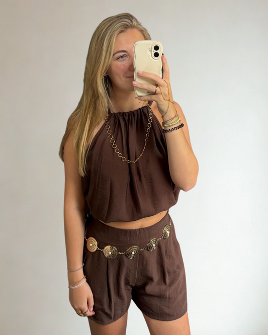 Set met haltertop en short - Bruin