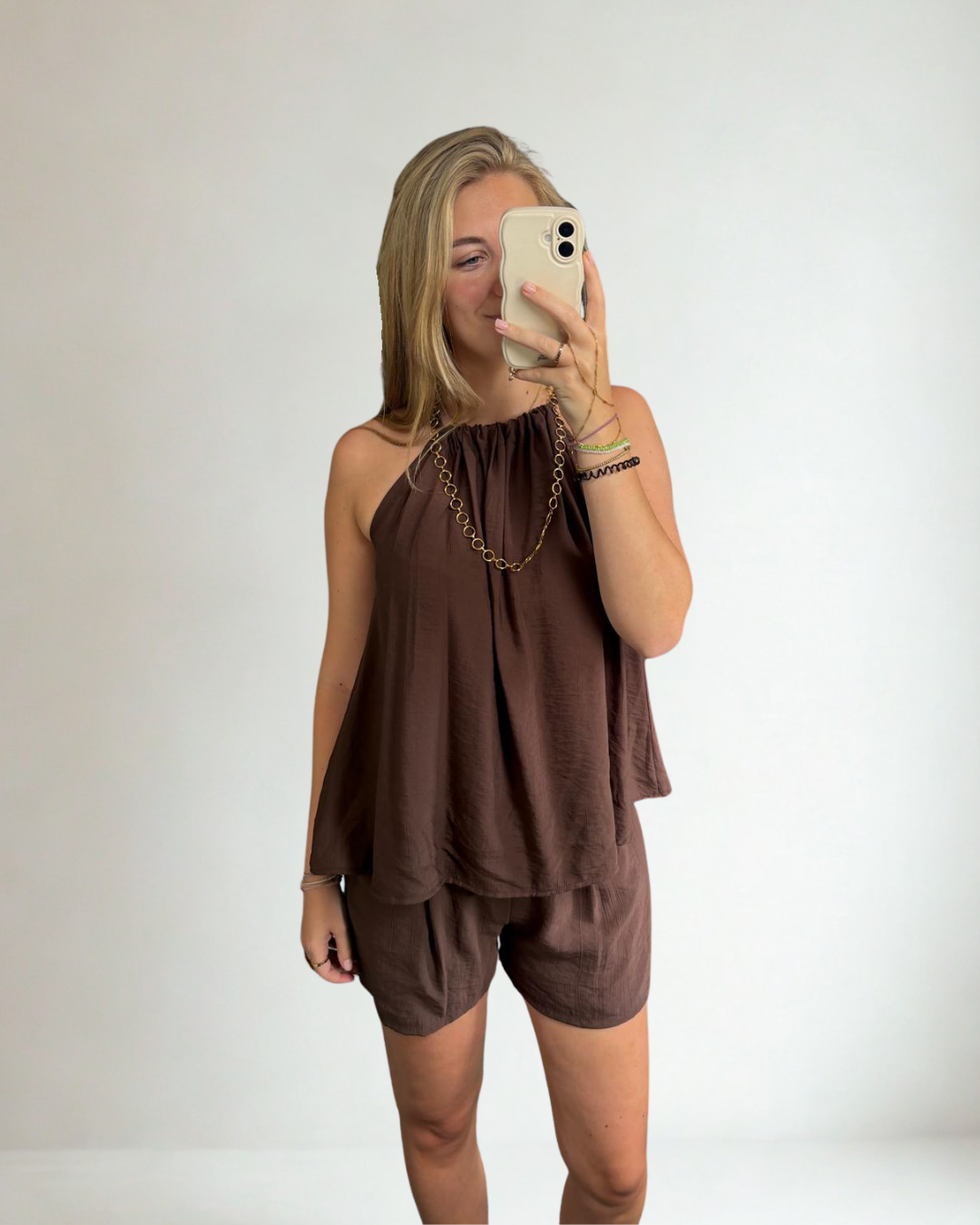 Set met haltertop en short - Bruin