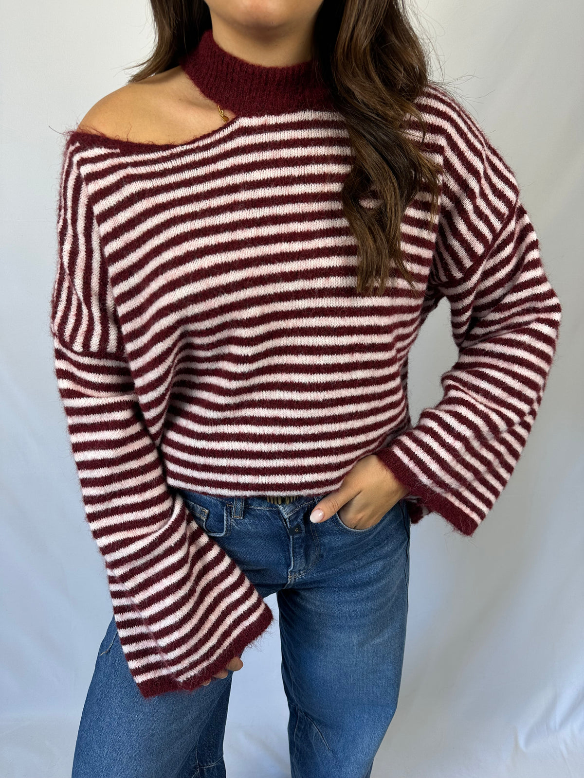 Knit open schouder - Bordeaux/Wit