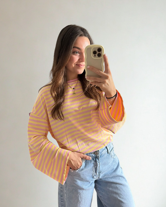 Gestreepte Long Sleeve Manon - Roze/geel