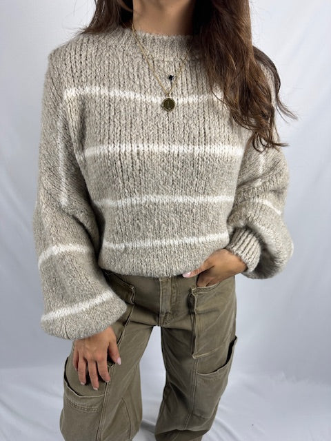 Gebreide trui - Beige/Wit streep