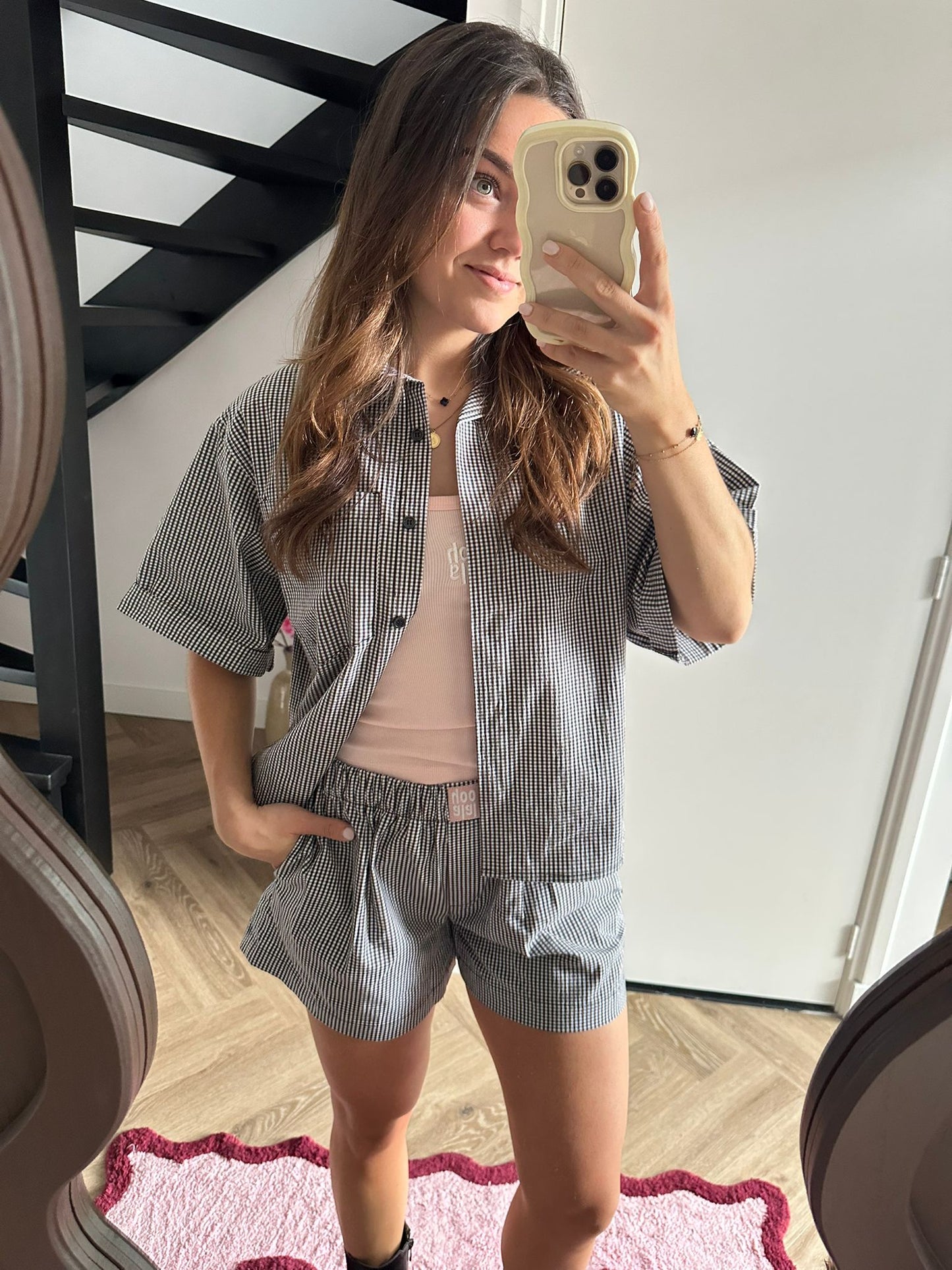 Zwart/Wit Geblokte Short Lou - Roze logo