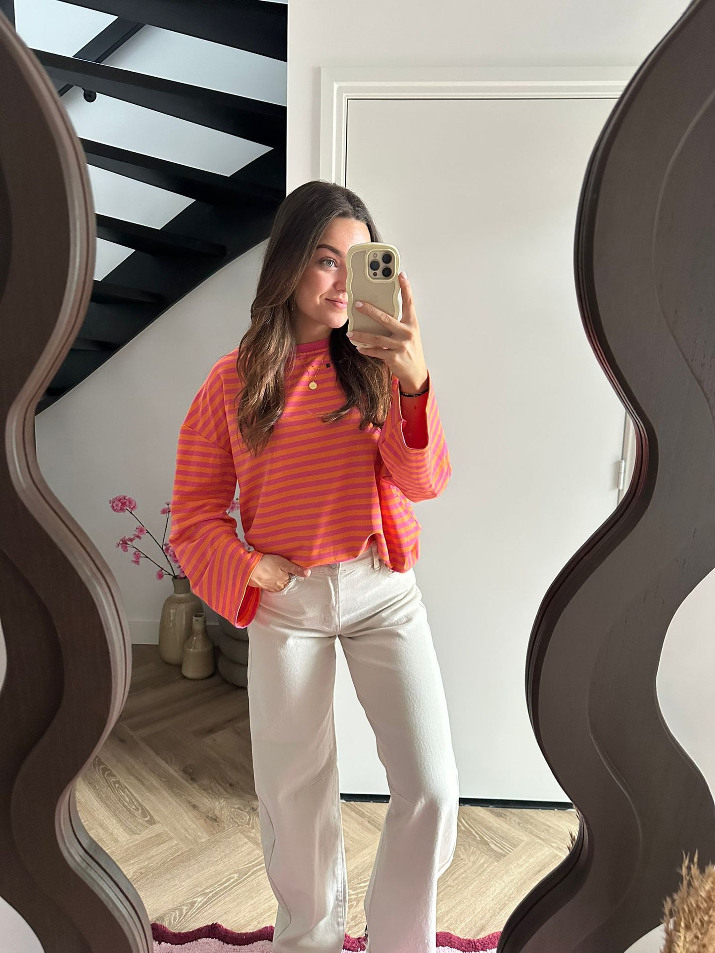 Gestreepte Long Sleeve Manon - Roze/oranje