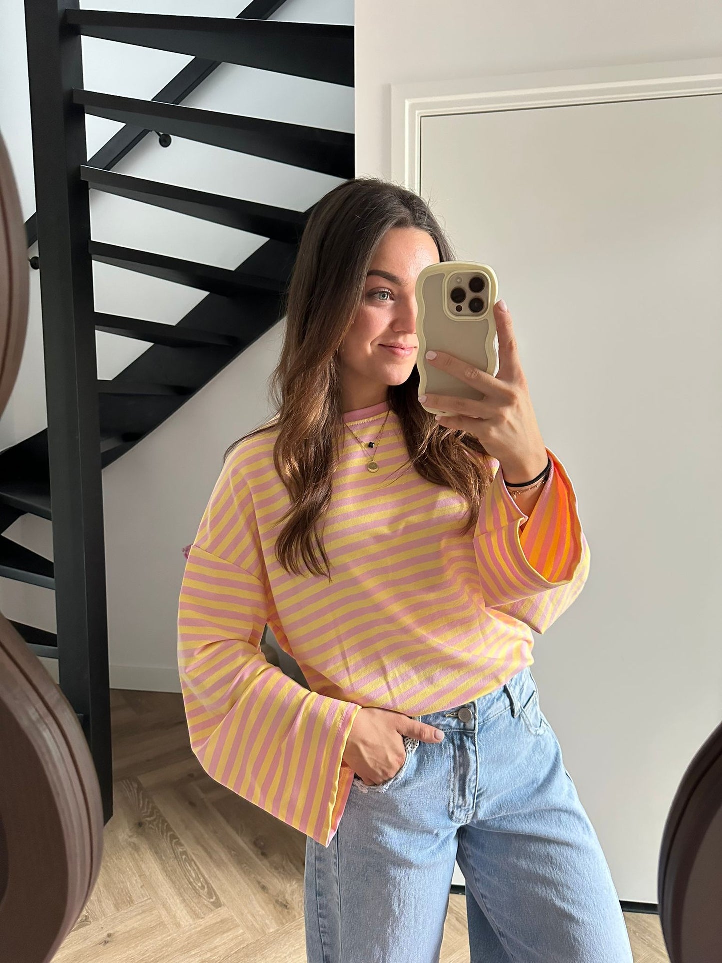 Gestreepte Long Sleeve Manon - Roze/geel
